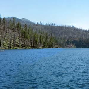 Blue Lake - B & B Complex Fire visiable in background (pan shot)